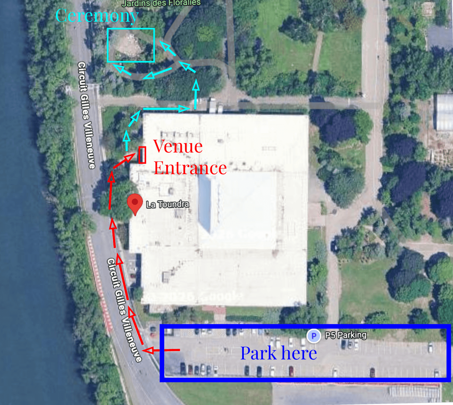 Map of the walking path from P-5 parking to Salle La Toundra