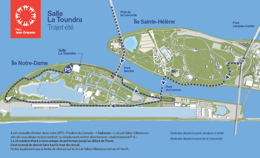 Map of the summer driving route to Salle La Toundra and parking lot P-5